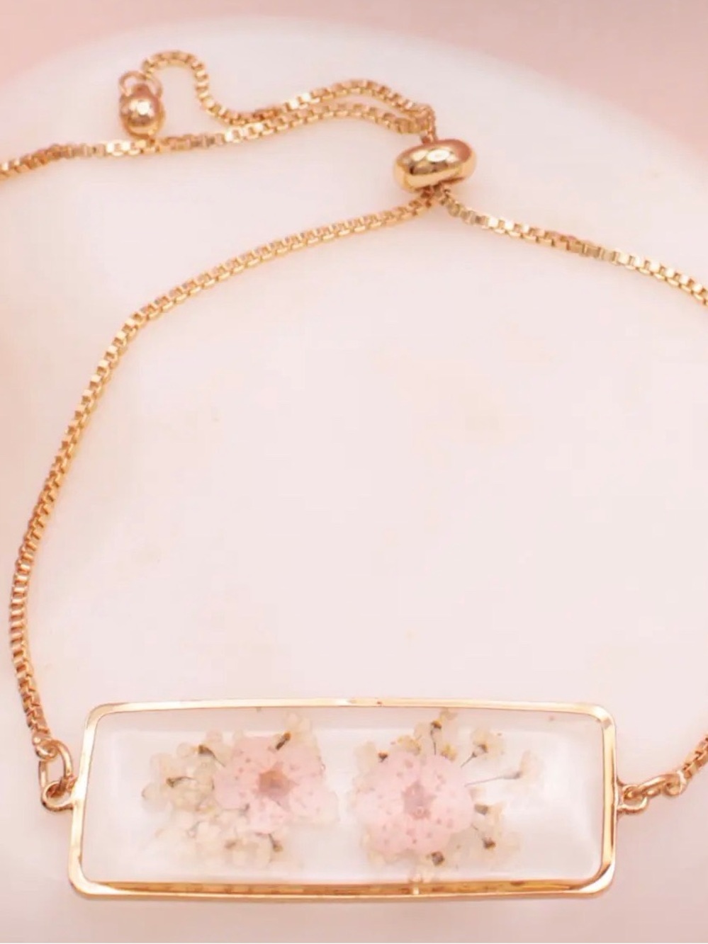 Gold Bar bracelet  with Pink Floral Inlay - Women Jewelry